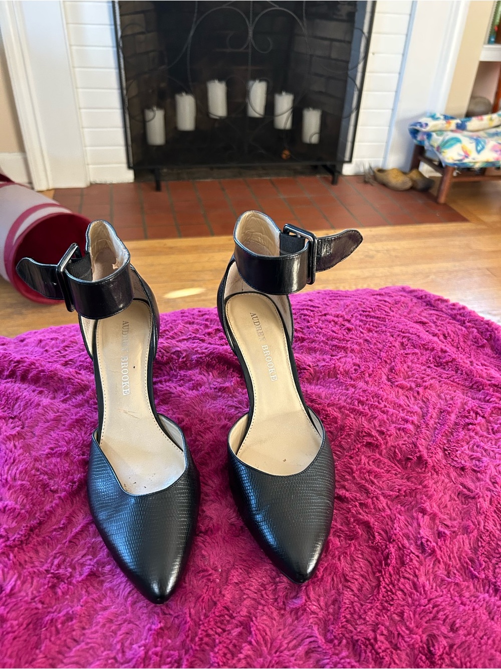 Audrey Brooke Black Textured Pointed Ankle-Strap Heels